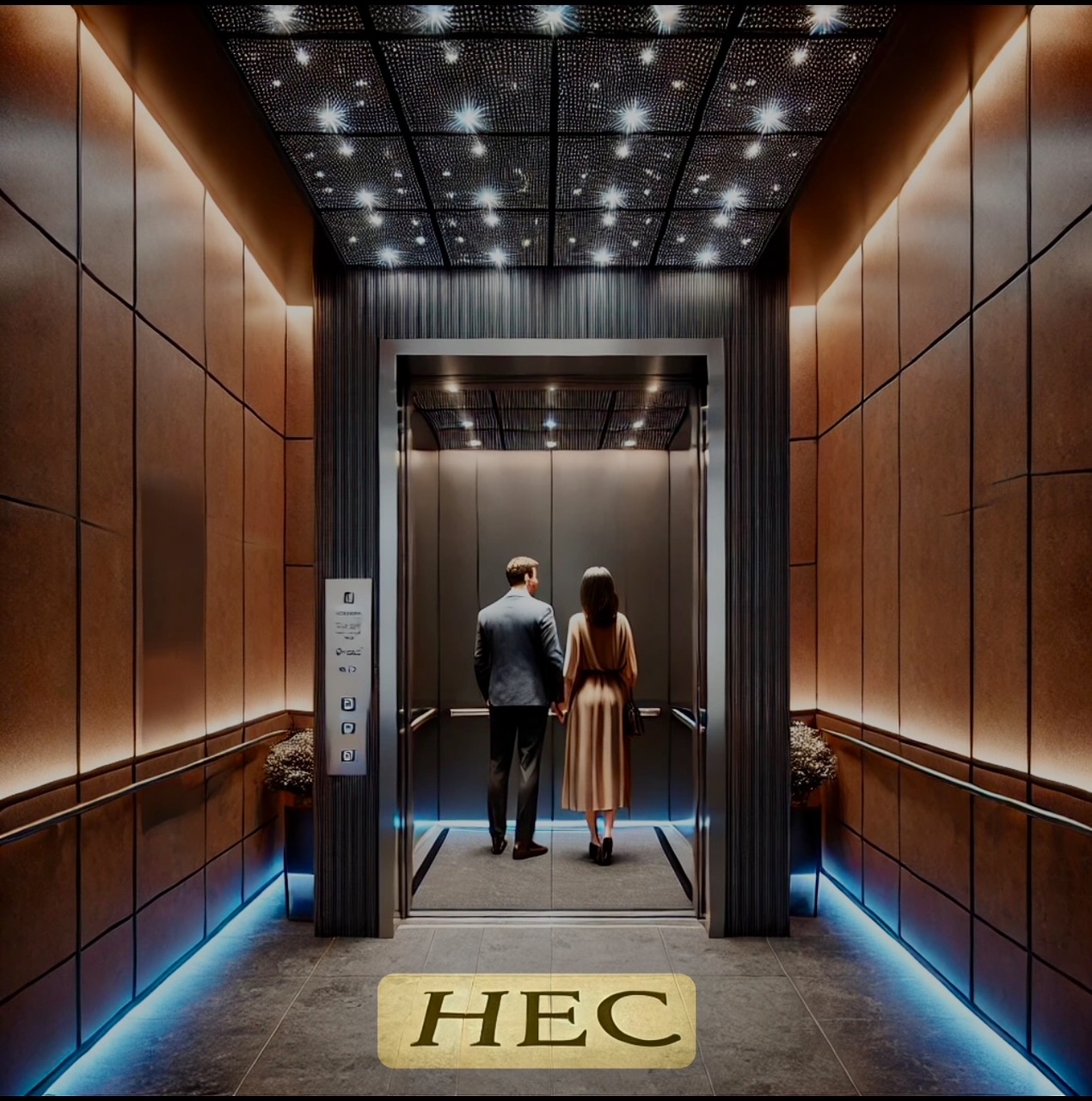 Wood-panelled lift lobby graphic with two people and HEC branding